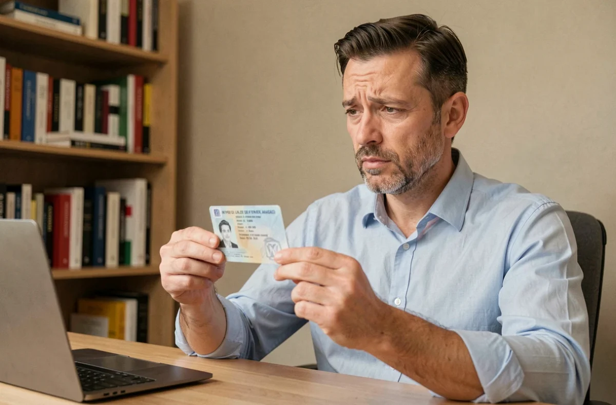 Homme adulte examinant attentivement sa carte d'identité française pour retrouver le numéro de formule