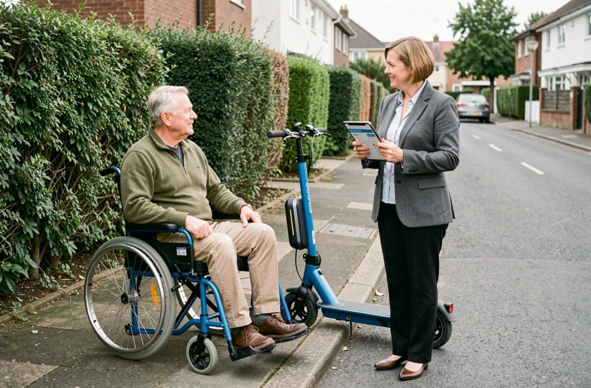 Homme en fauteuil roulant discutant d'une assurance scooter électrique adapté avec un courtier dans un quartier résidentiel