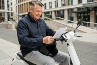 Homme handicapé assis sur un scooter électrique adapté consultant son contrat d'assurance en milieu urbain