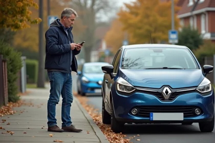 Homme inquiet regardant son smartphone près d'une Clio 5