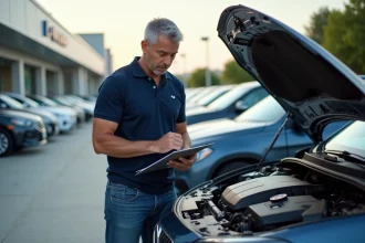 Homme d'âge moyen inspectant le moteur d'une voiture en concession