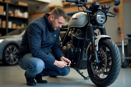 Homme en veste marine et jeans posant un traceur sous la selle de sa moto dans un garage