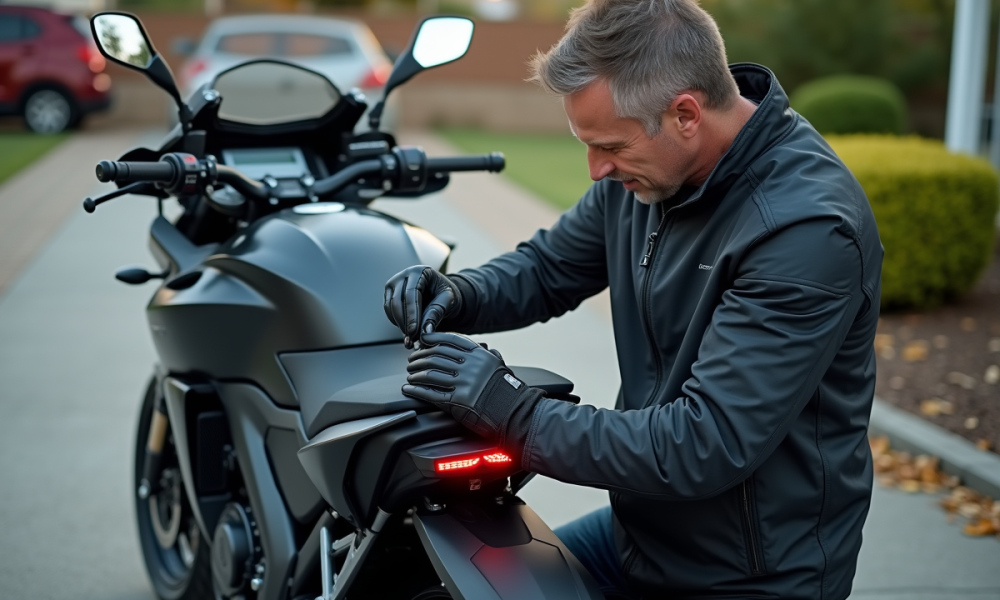 Homme attachant un GPS sous la selle d'une moto sportive