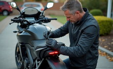 Homme attachant un GPS sous la selle d'une moto sportive