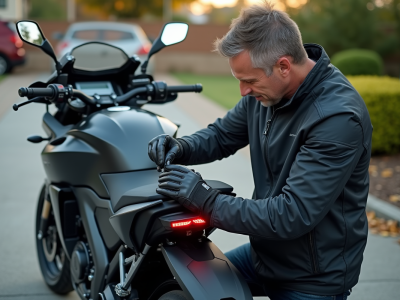 Homme attachant un GPS sous la selle d'une moto sportive