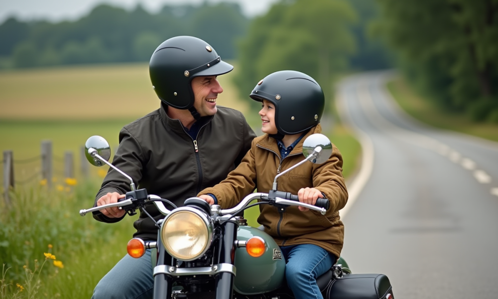 Un homme et un garçon en moto avec sidecar en campagne