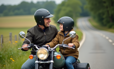Un homme et un garçon en moto avec sidecar en campagne
