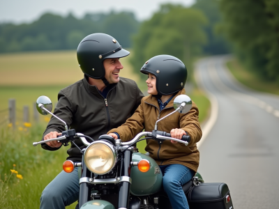Un homme et un garçon en moto avec sidecar en campagne