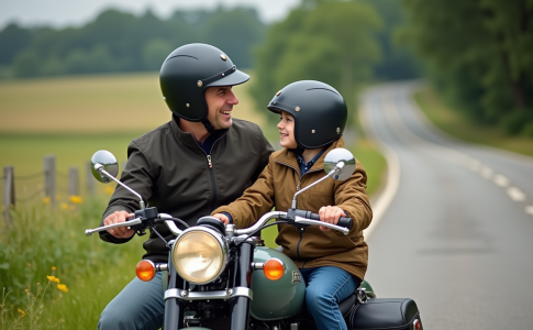 Un homme et un garçon en moto avec sidecar en campagne