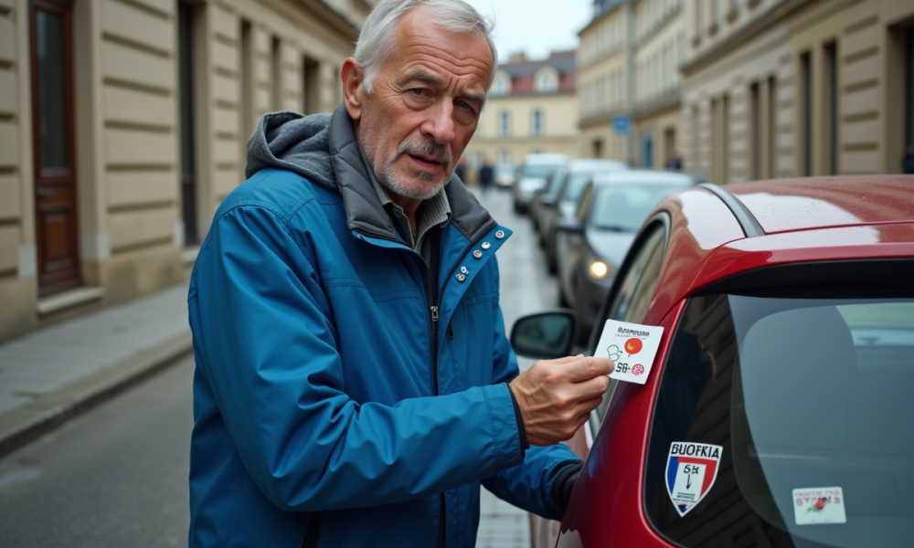 Homme en veste bleue retirant une vignette de sa plaque d'immatriculation