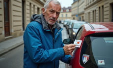 Homme en veste bleue retirant une vignette de sa plaque d'immatriculation