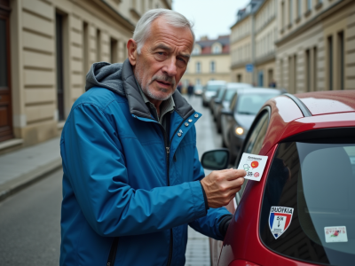 Homme en veste bleue retirant une vignette de sa plaque d'immatriculation
