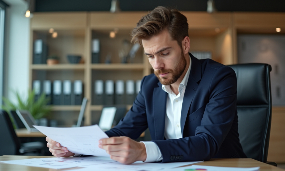 Homme en blazer dans un bureau professionnel concentré sur documents