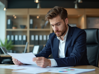 Homme en blazer dans un bureau professionnel concentré sur documents