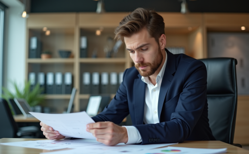 Homme en blazer dans un bureau professionnel concentré sur documents