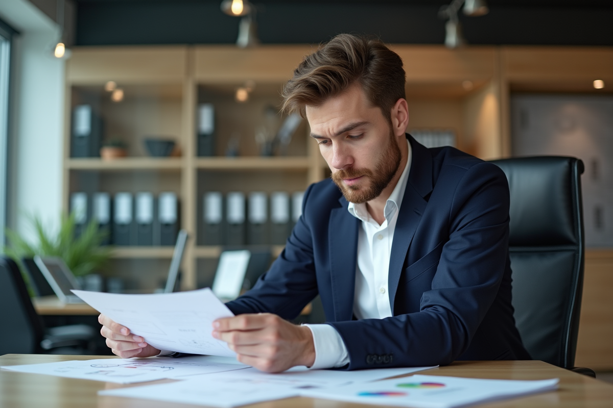 Homme en blazer dans un bureau professionnel concentré sur documents