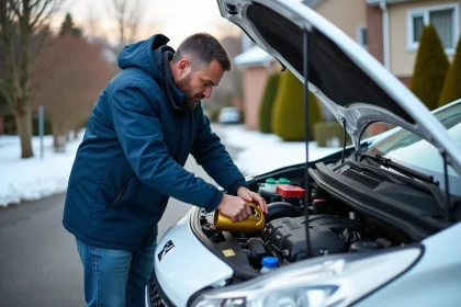 Homme versant de l huile dans un moteur Peugeot 208 en extérieur