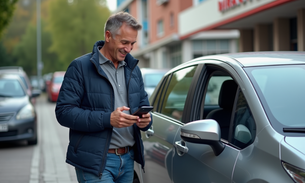 Homme souriant avec smartphone près de sa voiture en ville