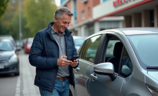 Homme souriant avec smartphone près de sa voiture en ville