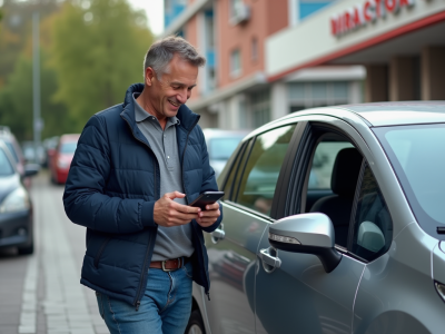 Homme souriant avec smartphone près de sa voiture en ville