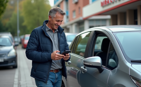 Homme souriant avec smartphone près de sa voiture en ville