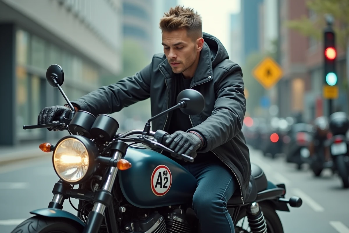 Homme ajustant ses gants devant une moto en ville