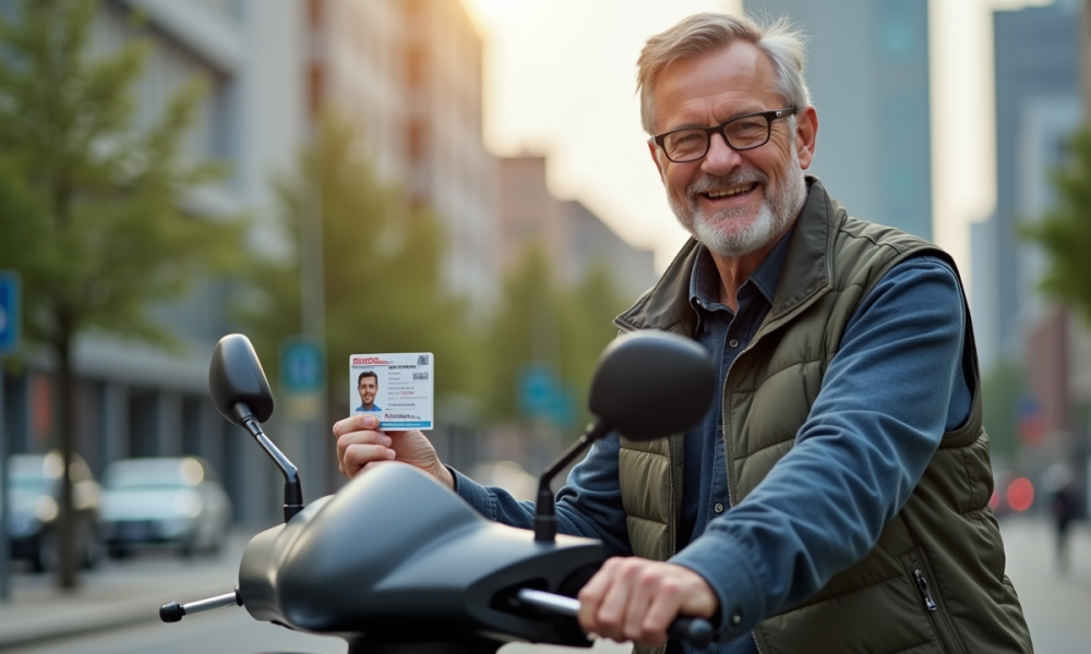 Homme d'âge moyen souriant avec permis scooter moderne en ville