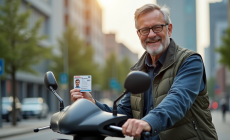 Homme d'âge moyen souriant avec permis scooter moderne en ville