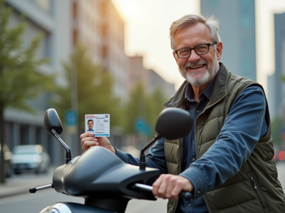 Homme d'âge moyen souriant avec permis scooter moderne en ville