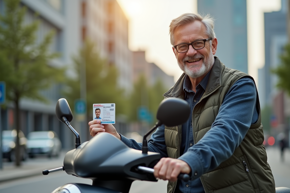 Homme d'âge moyen souriant avec permis scooter moderne en ville