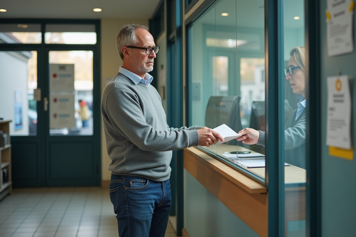 Homme remettant un courrier à un agent administratif