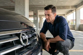 Homme étudiant le sigle chromé d'une voiture moderne dans un parking urbain