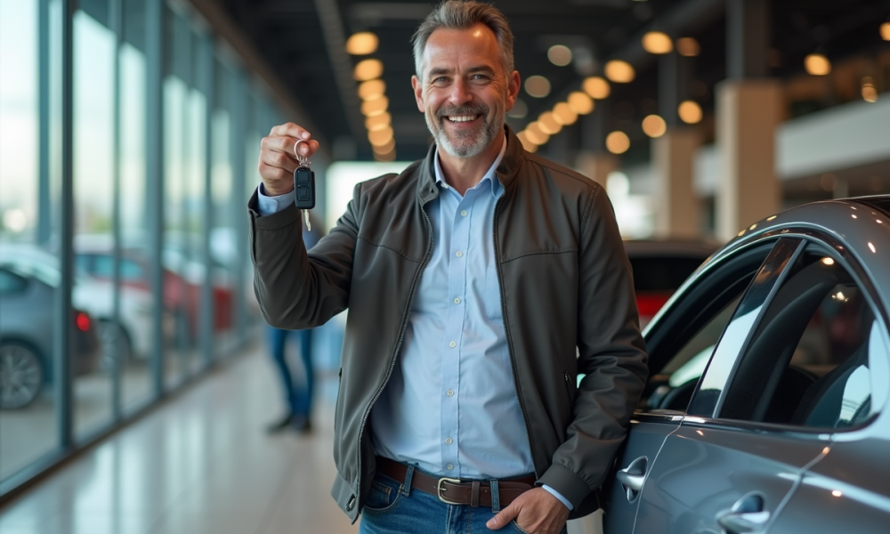 Homme souriant avec clé de voiture neuve devant une berline moderne