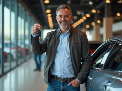 Homme souriant avec clé de voiture neuve devant une berline moderne