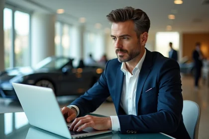 Homme en costume navy dans un showroom luxe à Monaco