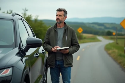 Homme avec SUV sur route de campagne verte
