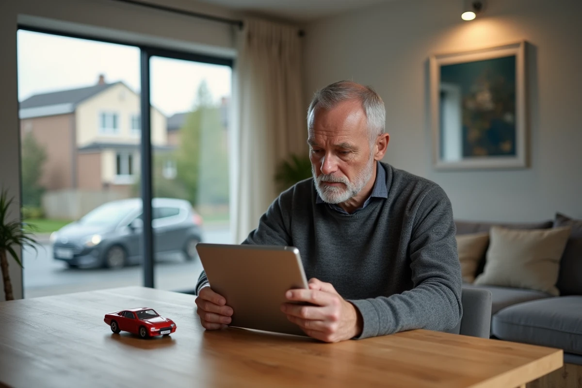 Homme regardant tablette avec modèle de voiture