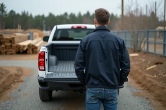 Homme en veste utilitaire étudie un pickup en extérieur