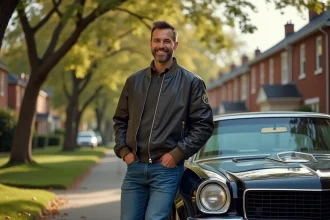 Homme dans une veste vintage et voiture des années 90