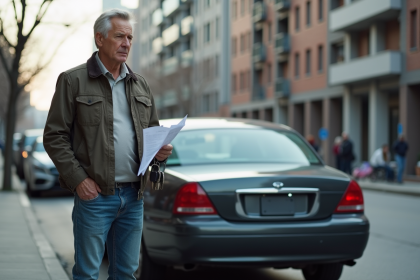 Homme d'âge moyen avec voiture endommagée en ville