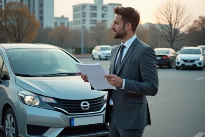 Homme d'affaires regardant la voiture endommagée avec documents d'assurance