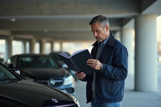 Homme examinant le logo d'une voiture de luxe avec un guide des marques automobiles dans un parking urbain