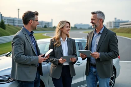 Trois ingénieurs automobiles discutent près d'une berline sur un circuit