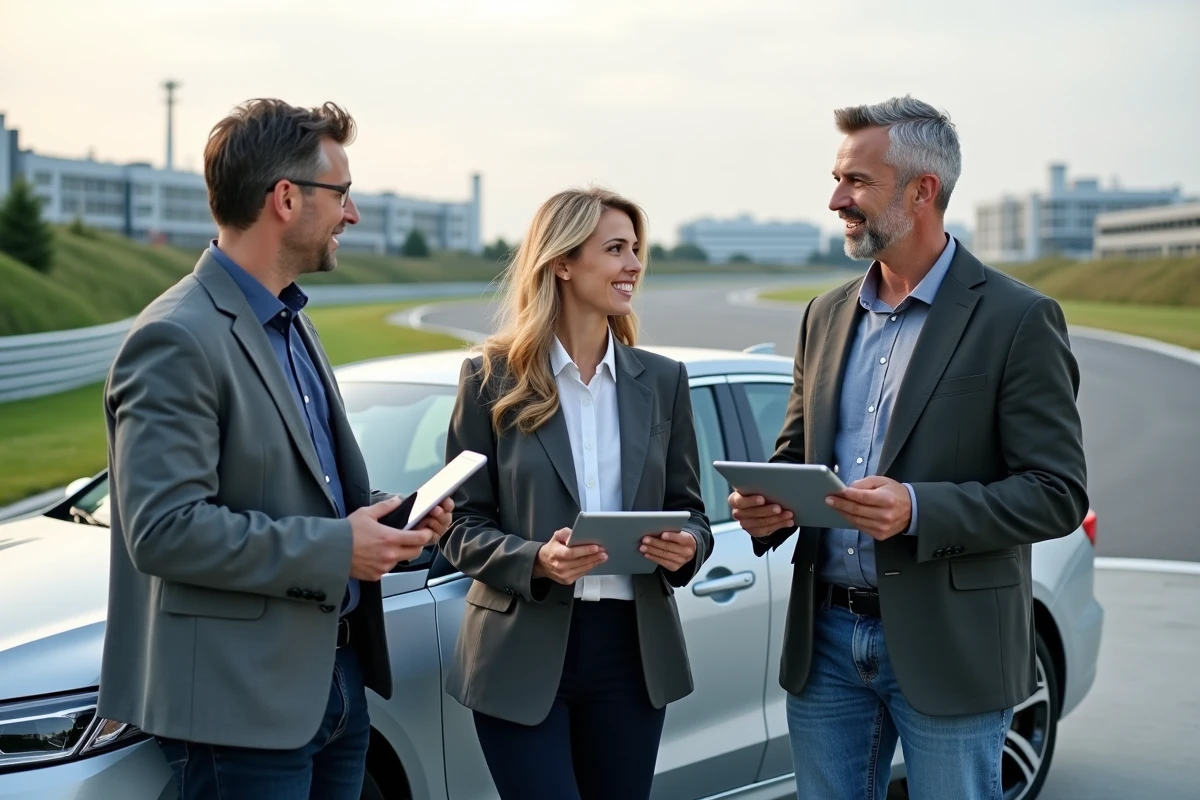 Trois ingénieurs automobiles discutent près d'une berline sur un circuit