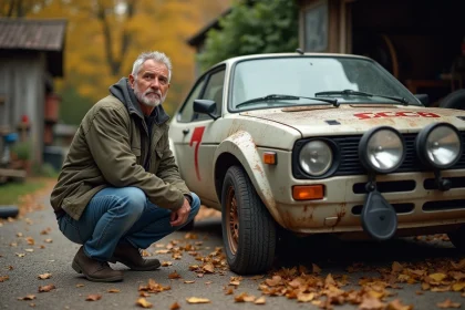 Homme moyenâgeux inspectant une voiture de rallye usagée