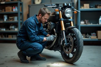 Mécanicien moto inspectant l'étrier de frein avant lors d'un contrôle technique en atelier