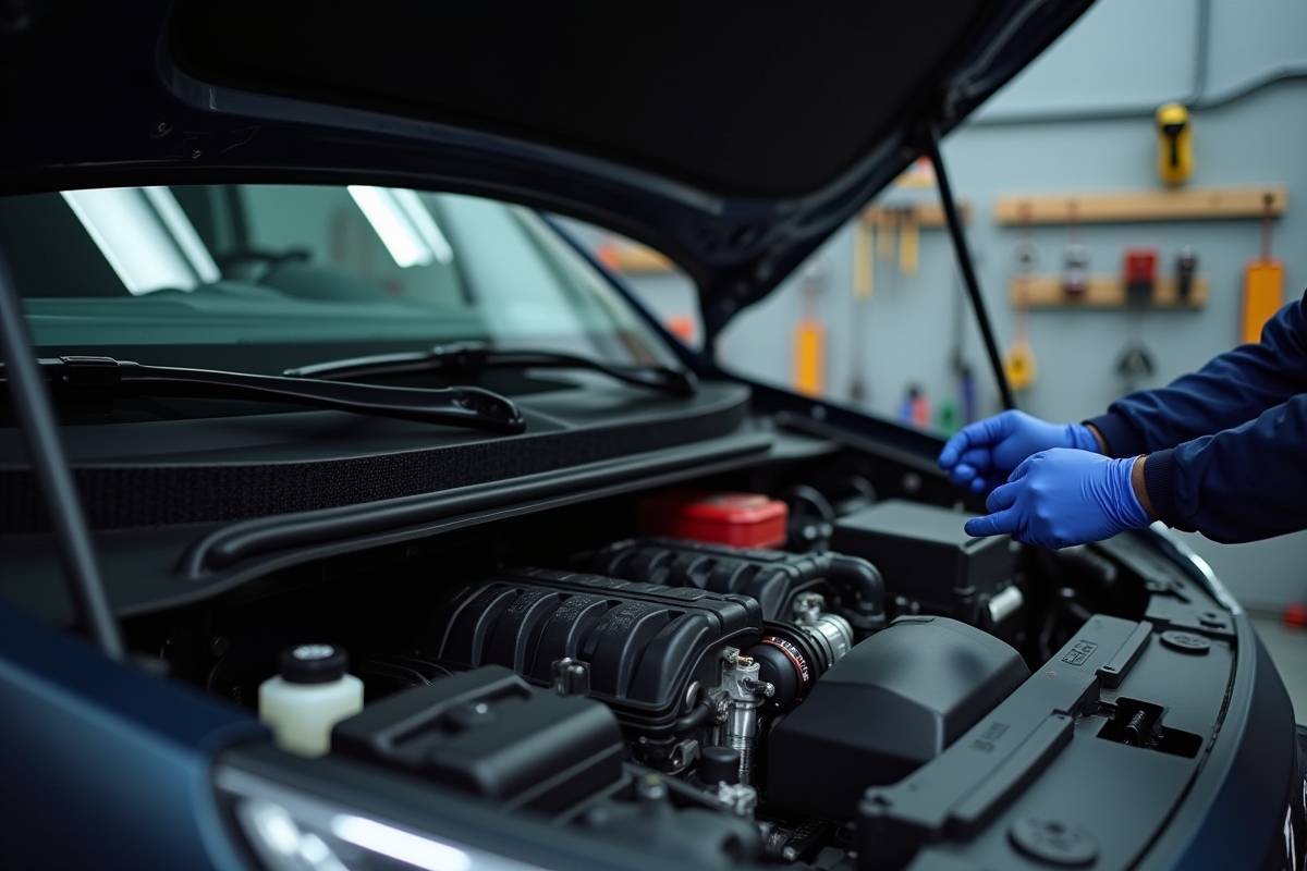 Inspection du moteur Peugeot Rifter 2024 avec gants et outils
