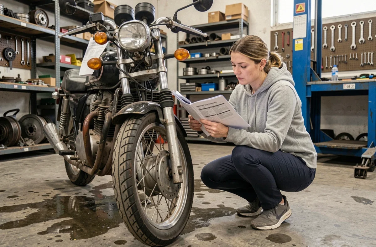 Acheteuse inspectant une moto d'occasion en atelier mécanique avec un rapport de contrôle technique pour évaluer le prix de négociation