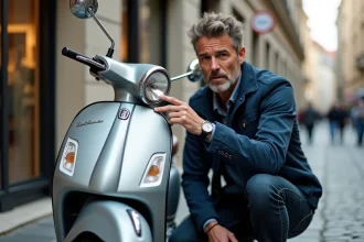 Homme inspectant les rayures sur la carrosserie d'un scooter d'occasion dans une rue urbaine