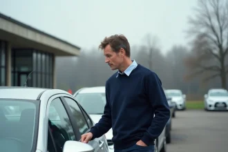 Homme inspectant une voiture d'occasion dans un parc automobile, processus d'achat serein avec Autosmart360